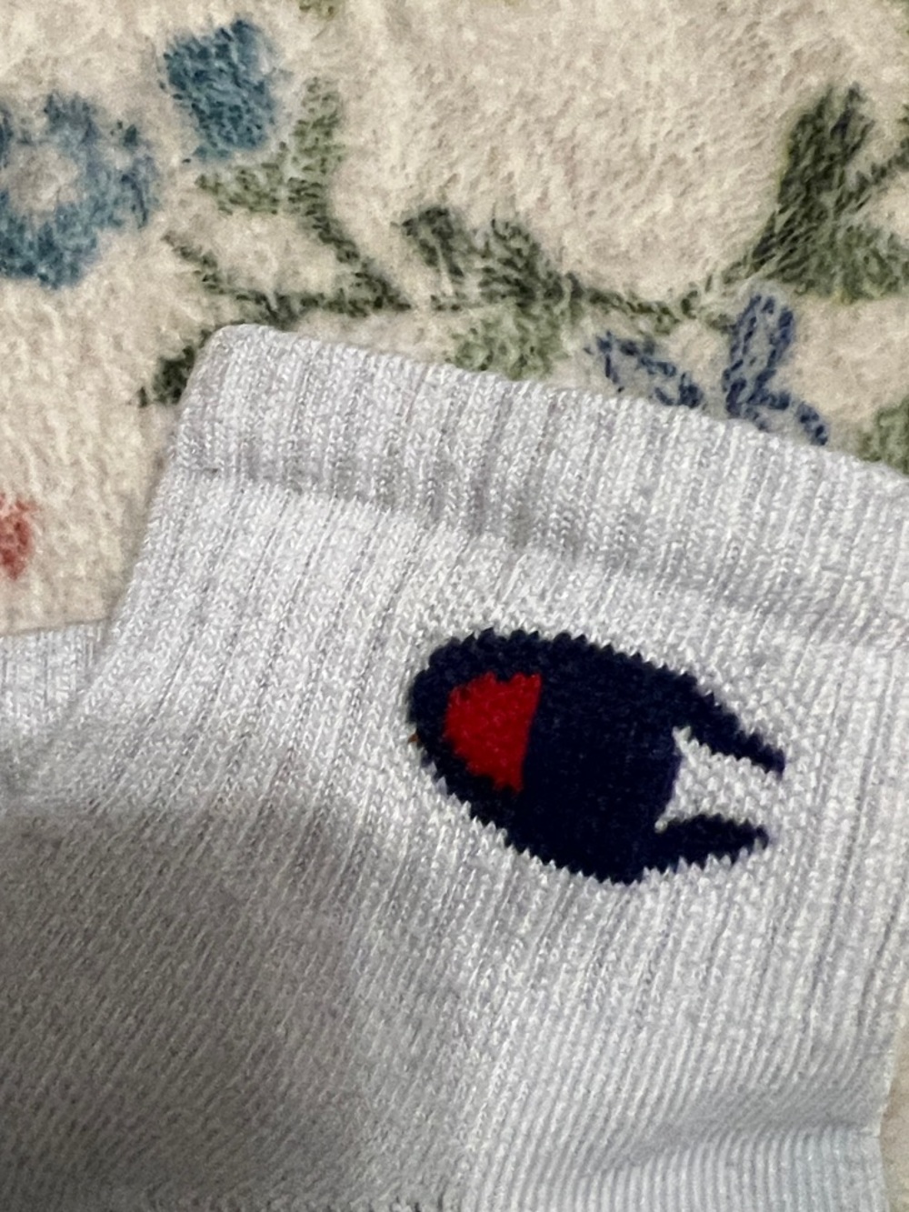 Champion White Crew Socks with Navy and Red Logo Patch